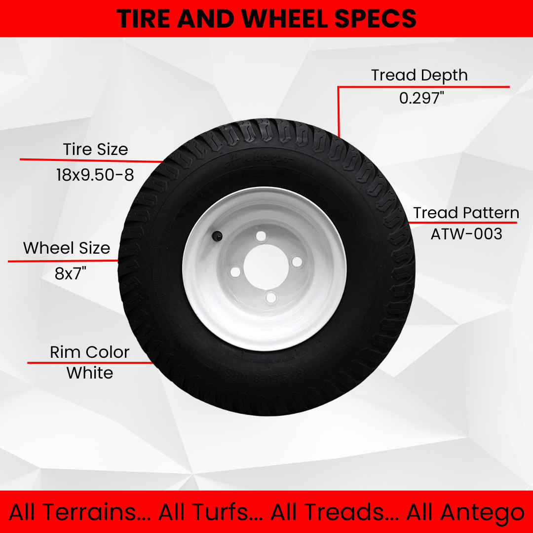(Set of 4) White Steel Wheels with 18x9.50-8 4 Ply Turf Tires for Golf Cart and Lawn and Garden Equipment