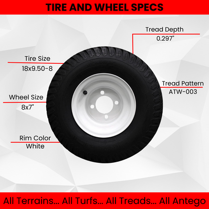 (Set of 4) White Steel Wheels with 18x9.50-8 4 Ply Turf Tires for Golf Cart and Lawn and Garden Equipment