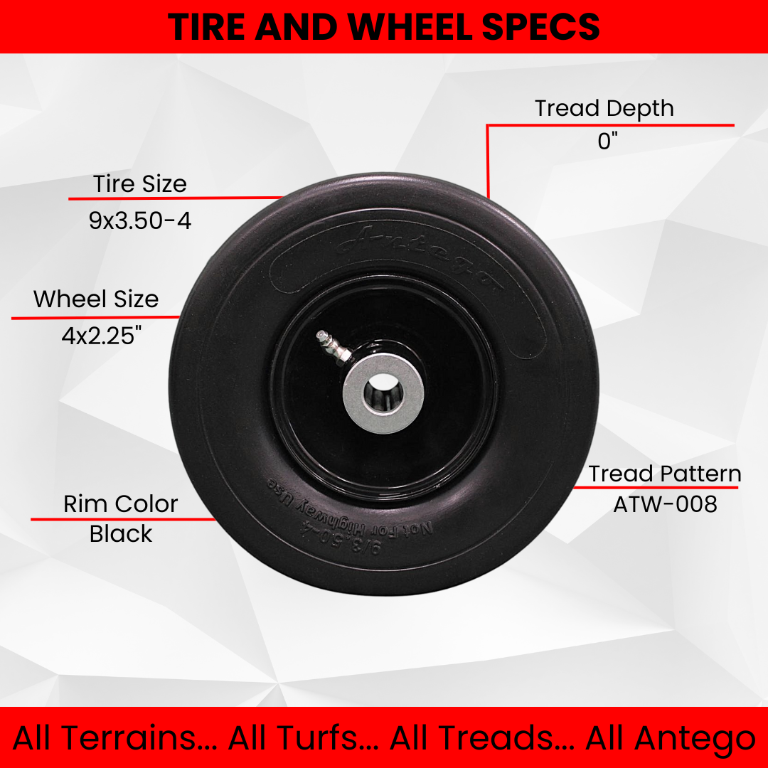 9x3.50-4 Flat Free Tire and Wheel Assemblies - Fits ExMark 103-1224, 4.5" Hub, 3/4" Caged Roller Bearings (Set of 2)