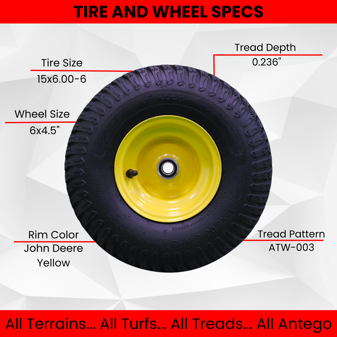 15×6.00-6 4 Ply Tires with 6×4.5 John Deere Wheels .75″ Bearing (Set of 4 Assemblies)