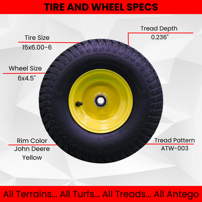 15×6.00-6 4 Ply Tires with 6×4.5 John Deere Wheels .75″ Bearing (Set of 4 Assemblies)