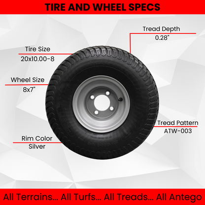 20x10.00-8  4 Ply Turf Tires with 8x7 Wheels  Lawn & Garden Mower and Golf Cart (Set of 2)