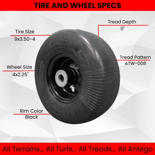 9x3.50-4 Flat Proof, Smooth Semi Pneumatic with Black Wheel (Set of 2) Replacement for ARIENS and Gravely