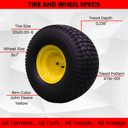 20x10.00-8 Tires with 8x7 John Deere Yellow Wheels 2 Ply for Lawn & Garden Mower Turf Tires (Set of 2)