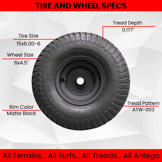Antego Tire & Wheel - (Set of 2) (ATW-003) Matte Black Universal Fit 15x6.00-6nhs Lawn Mower Tires, 4 Ply, Tire and Wheel Assemblies with 3/4" and 5/8" Bushings Included