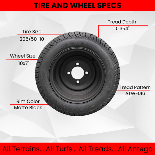 205/50-10 with 10x7 Matte Black Wheels for Golf Cart (Set of 2)