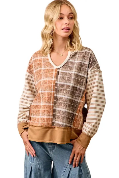 BiBi Plaid And Stripe Mix And Match Top With Open Seam