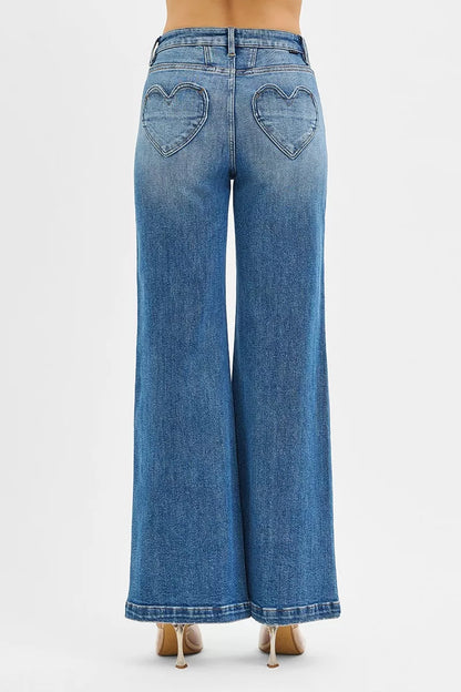 RISEN High Rise Wide Leg Jenas with Front Yoke and Heart Back Pocket
