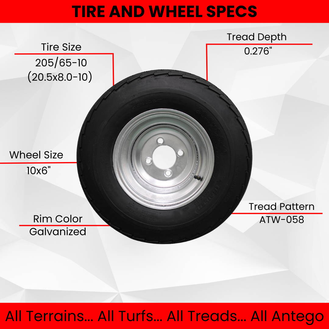 (QTY: 1) 205/65-10 20.5x8.0-10 10 ply Load Range E super durable Antego Trailer Tire Wheel Assy - 4 Lug Galvanized Rim