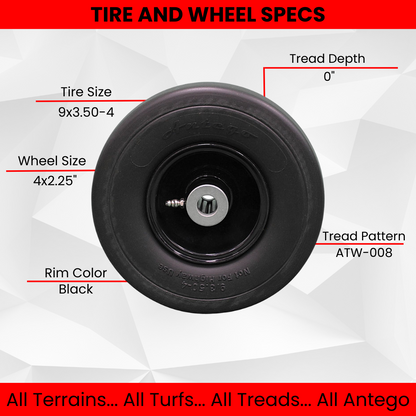 9x3.50-4 Flat Free Tire and Wheel Assemblies - Fits GRAVELY 45205, 3.25" Hub, 3/4" Caged Roller Bearings (Qty: 1)