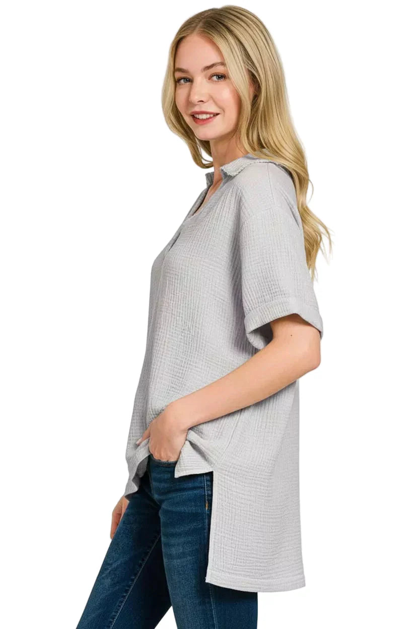Zenana Double Gauze Short Sleeve High-Low Top