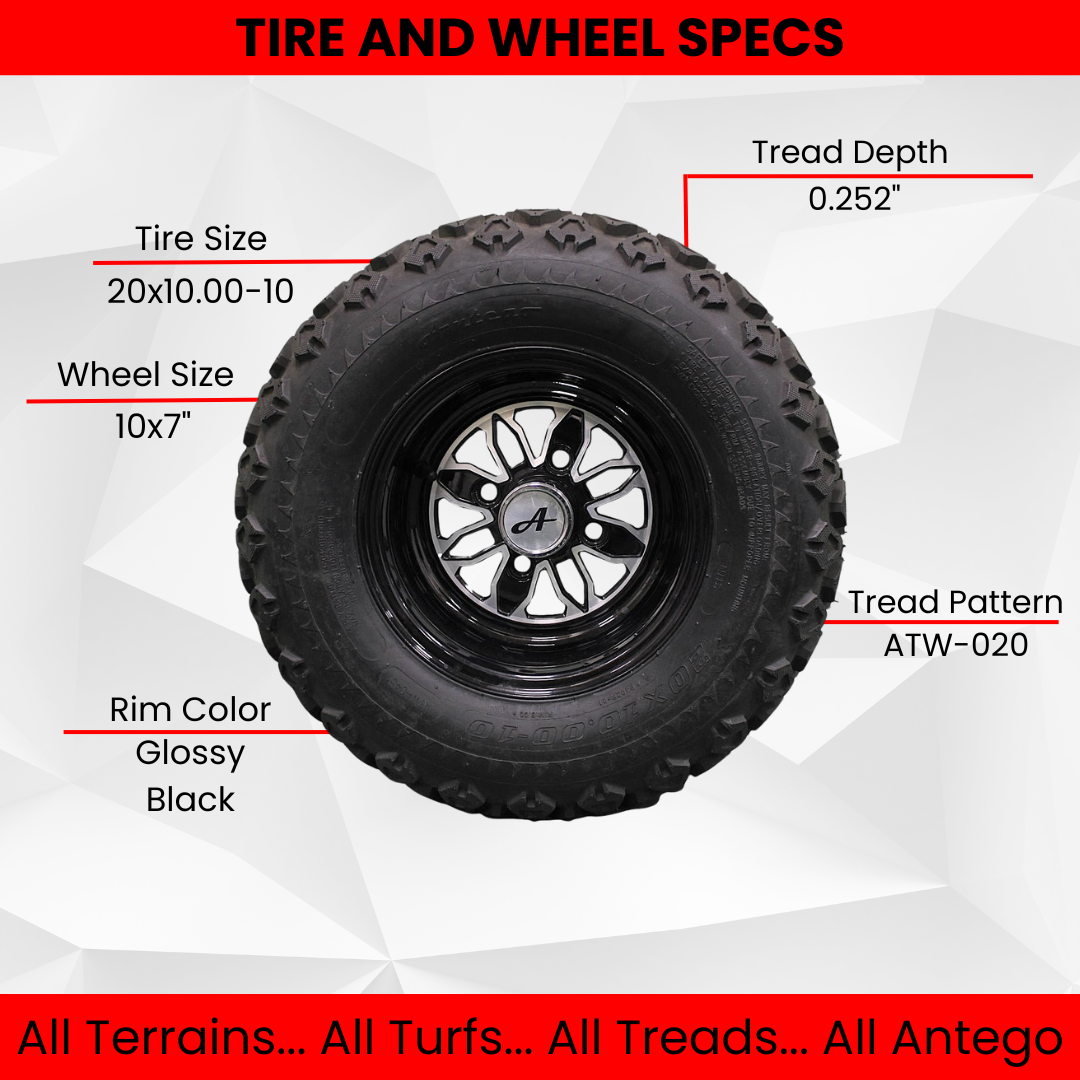 20x10.00-10 with 10x7 Fusion Glossy Black Wheels for Golf (Set of 2)