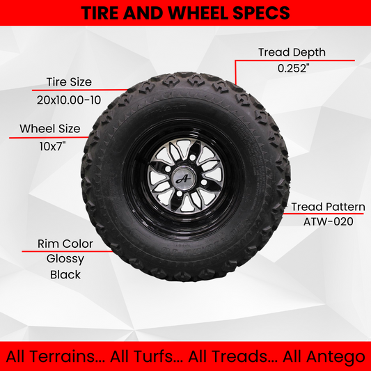 20x10.00-10 with 10x7 Fusion Glossy Black Wheels for Golf (Set of 2)