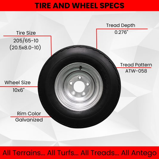 205/65-10 20.5x8.0-10 10 ply Load Range E Super Durable Antego Trailer Tire Wheel Assy - 5 Lug Galvanized Rim (Qty: 1)
