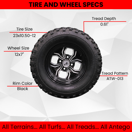 (Qty: 1) 23x10.50-12 ATW-013 with 12x7 Black Fusion Golf Tire and Wheel Assemblies