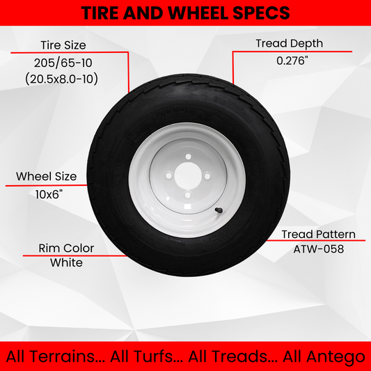 (Set of 4) 205/65-10 20.5x8.0-10 10 ply Load Range E super durable Antego Trailer Tire Wheel Assy - 4 Lug White Rim