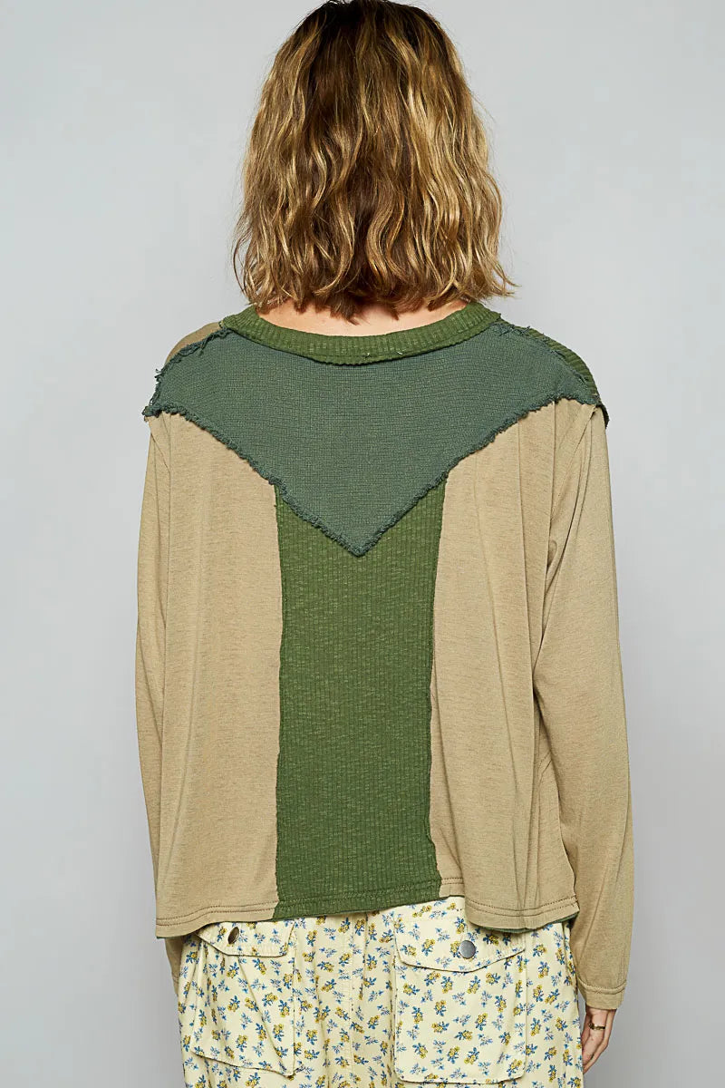 POL Color Block Notched Long Sleeve T-Shirt