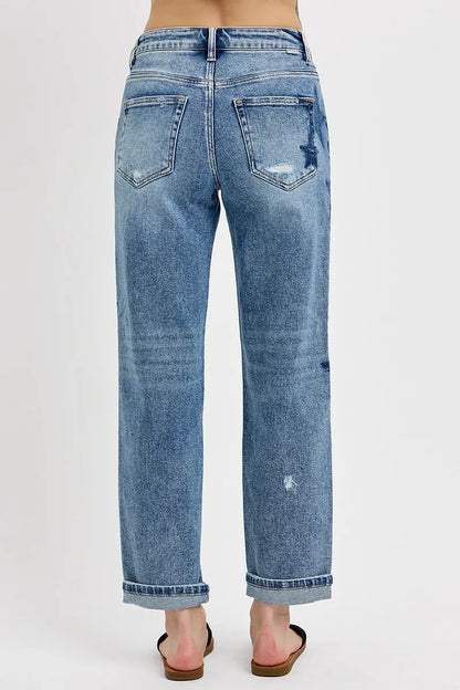 RISEN Full Size Mid Rise Boyfriend Star Shadow Detail Cuffed Jeans Plus Size