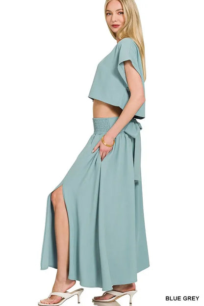 Zenana Heavy Woven Span Crop Tee & Skirt Set