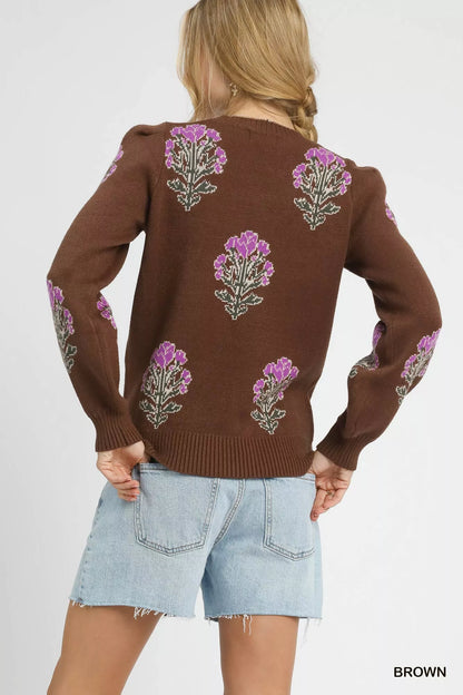 Umgee Single Flower Stem Jacquard Sweater