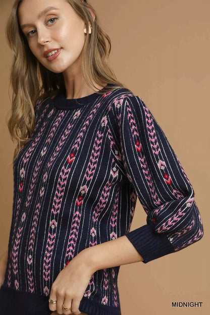 Umgee Jacquard Knit Puff Sleeve Sweater