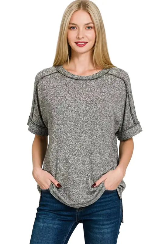 Zenana Full Size Soft Melange Hacci Short Sleeve Hi-low Tee Plus Size