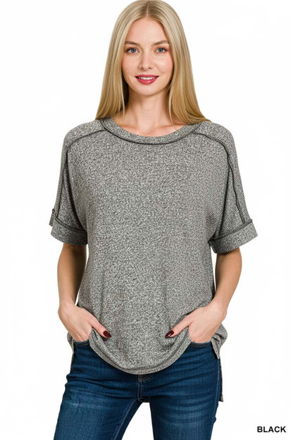 Zenana Full Size Soft Melange Hacci Short Sleeve Hi-low Tee Plus Size