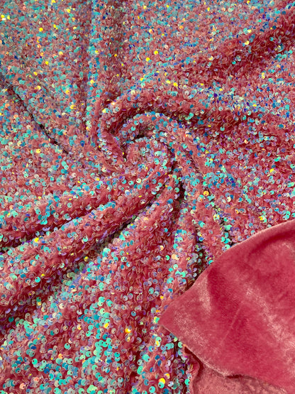 All-Over 5mm Shiny Sequins Stretch Velvet 54" Wide| New Creations Fabric & Foam Inc.