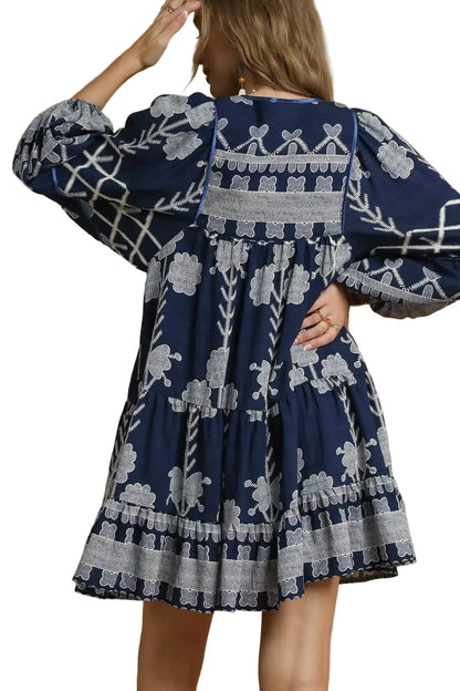 Umgee Tribal Print Dress with Tie Neck