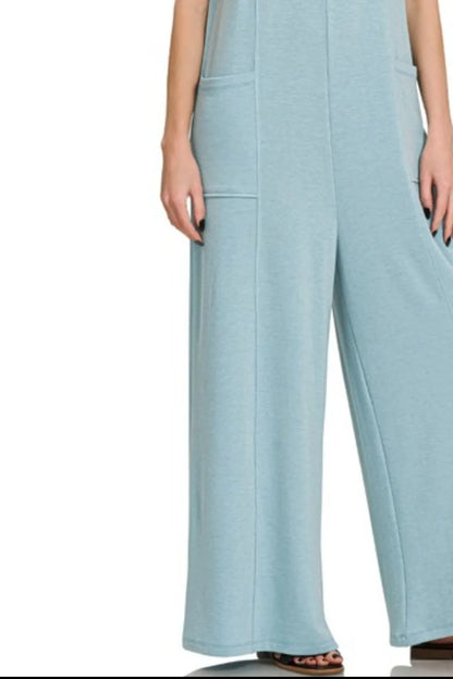 Zenana French Terry Deep V Neck Jumpsuits