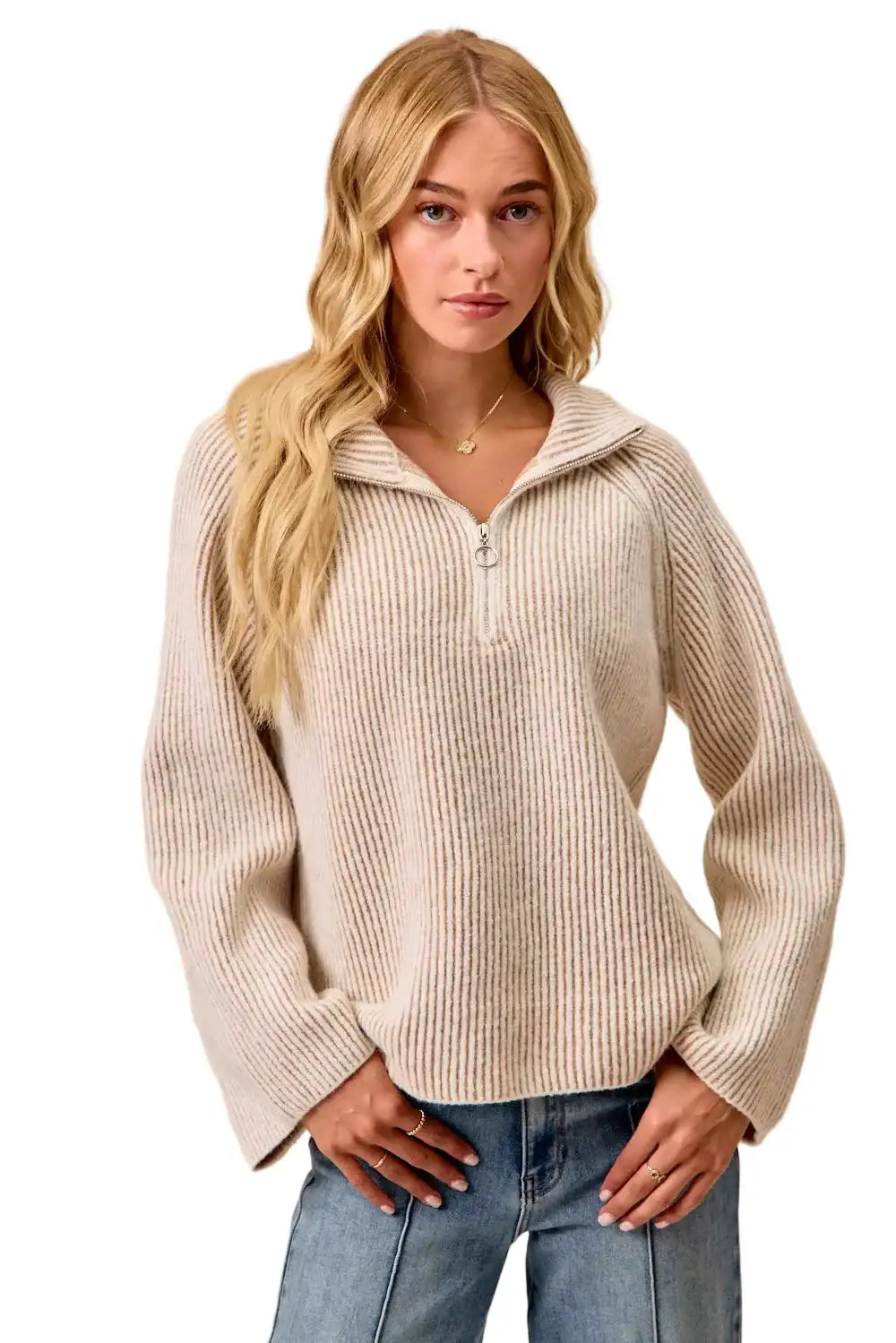 BiBi Two Tone Rib Texured Knit Collared Top with Zip Up