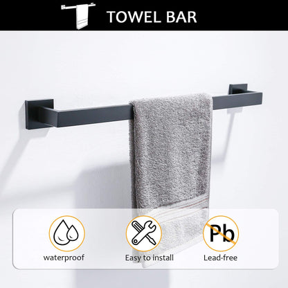 5-Piece Bathroom Hardware Accessories Set | Towel Bar, Wall Mounted, Matte Black