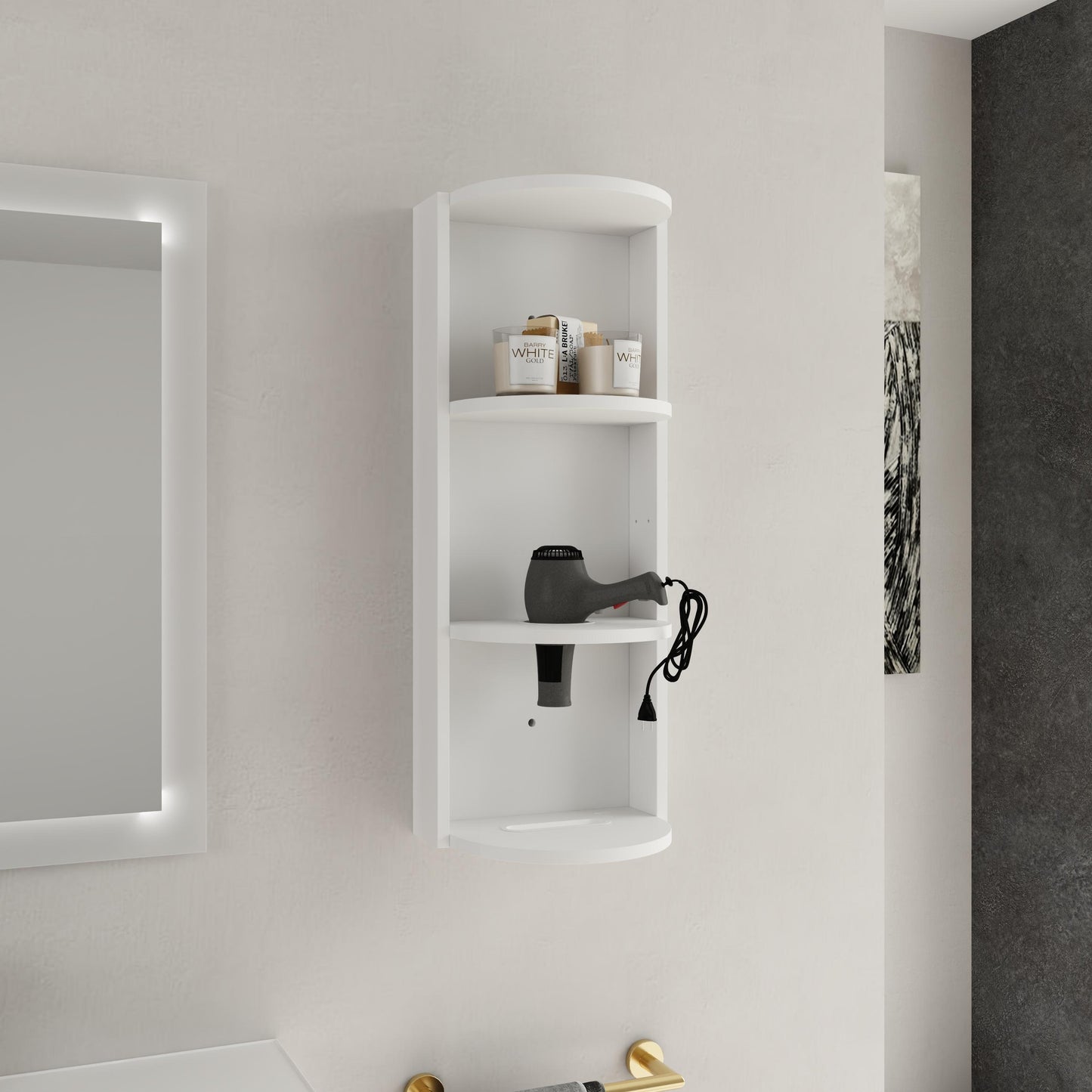 Glossy White 12' Bathroom Wall-Mounted Storage Rack with Float Mounting Design, Durable Plywood