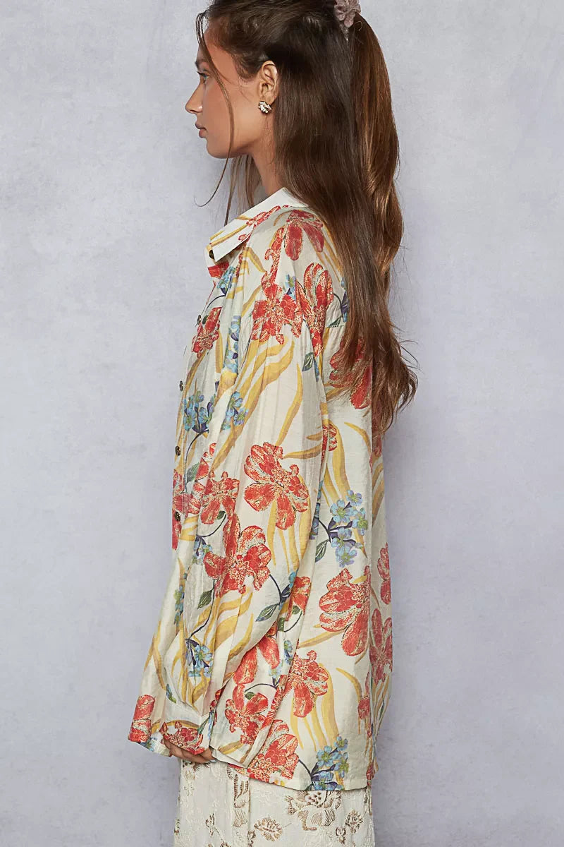 POL Floral Print Button Down Long Sleeve Shirt