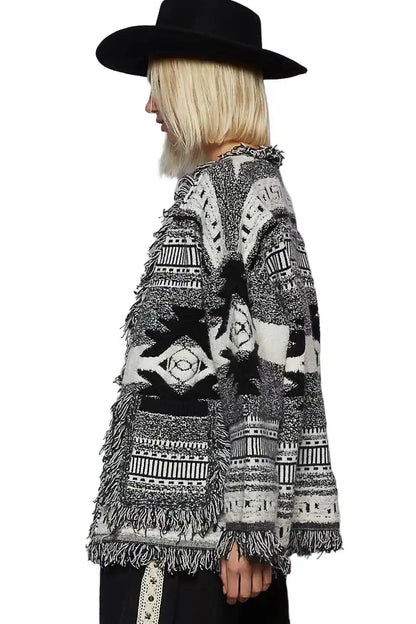POL Open Front Geometric Print Cardigan with Fringe Detail