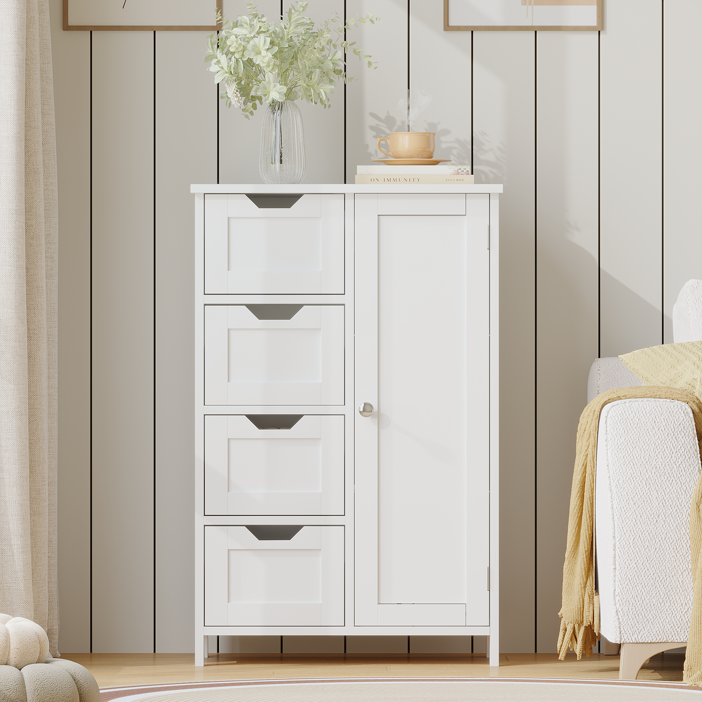 Bathroom Storage Cabinet with 4 Drawers and 1 Door, Freestanding Wooden Floor Organizer for Bathroom, Narrow Storage Cabinet for Small Spaces, Entryway, Living Room or Hallway, White