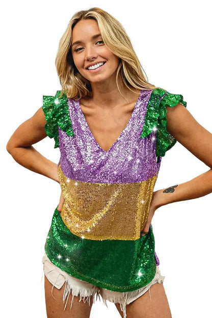 BiBi Mardi Gras Sequin Color Block Ruffled  Top