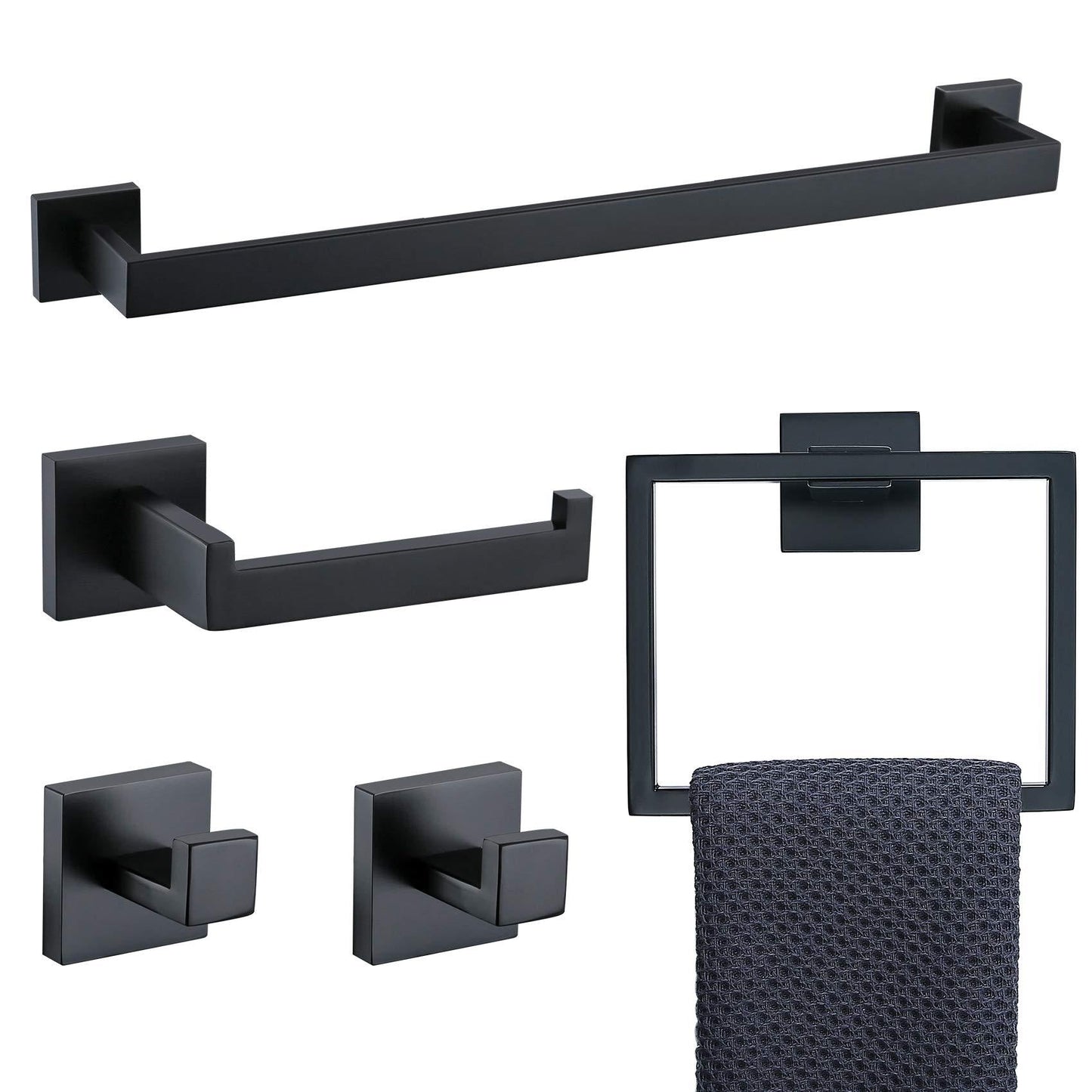 5-Piece Bathroom Hardware Accessories Set | Towel Bar, Wall Mounted, Matte Black