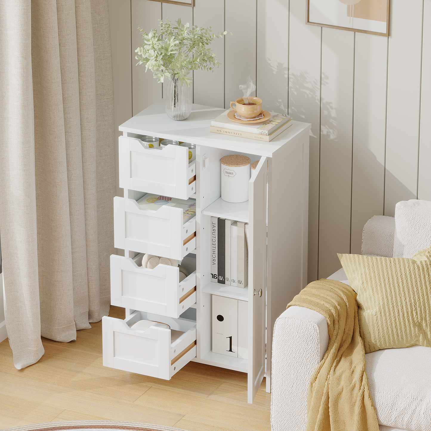 Bathroom Storage Cabinet with 4 Drawers and 1 Door, Freestanding Wooden Floor Organizer for Bathroom, Narrow Storage Cabinet for Small Spaces, Entryway, Living Room or Hallway, White