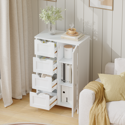 Bathroom Storage Cabinet with 4 Drawers and 1 Door, Freestanding Wooden Floor Organizer for Bathroom, Narrow Storage Cabinet for Small Spaces, Entryway, Living Room or Hallway, White