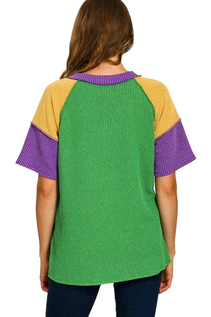 Zenana Mardi Gras Raised Rib Color Block Top