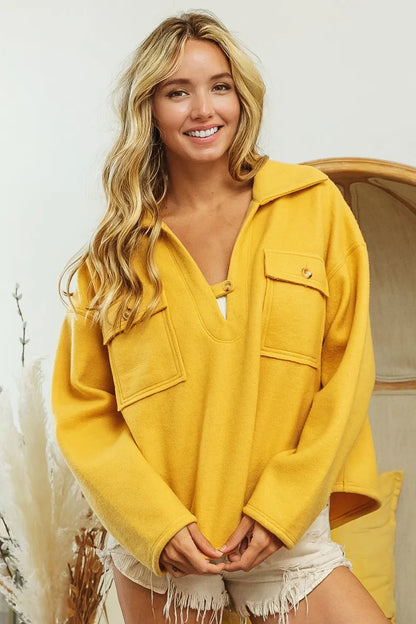 BiBi Flap Pockets Fleece Collared Sweatshirt