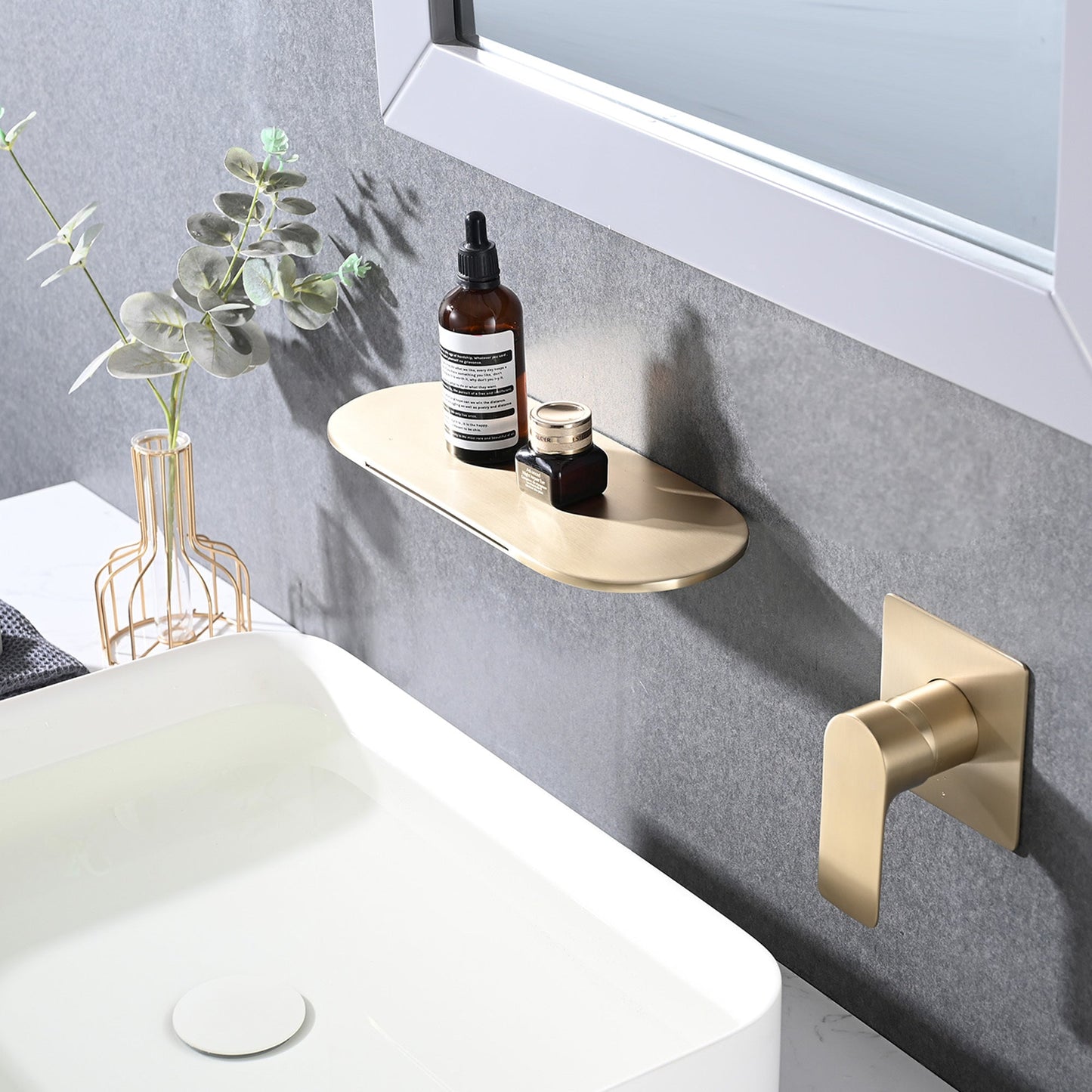 Modern Wall Mount Bathtub Faucet Brushed Gold Single Handle with Waterfall Tub Spout and Rough-in Valve