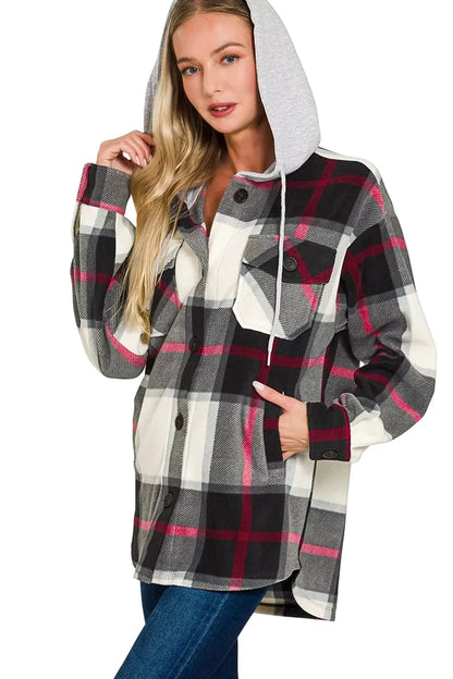 Zenana Plaid Drawstring Hooded Fleece Shacket