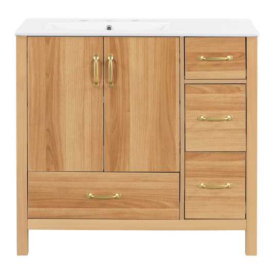 36" Acacia Wood Bathroom Vanity with Sink – Solid Wood Frame, 2 Soft-Close Doors, 4 Soft-Close Drawers & Ceramic Basin
