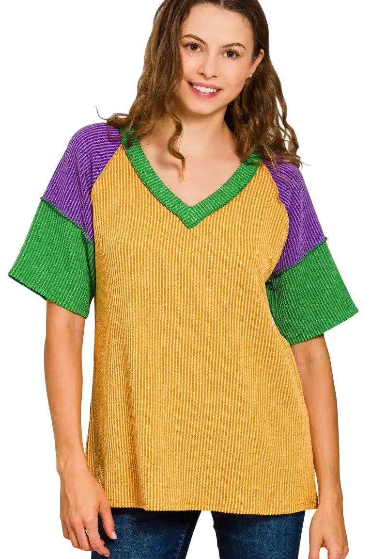 Zenana Mardi Gras Raised Rib Color Block Top