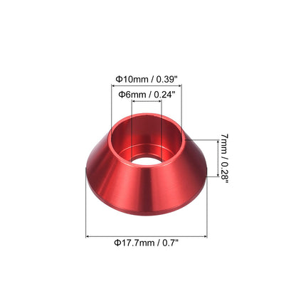 uxcell M6 Cone Cup Countersunk Washers Anodized Aluminum Red 50 Pcs