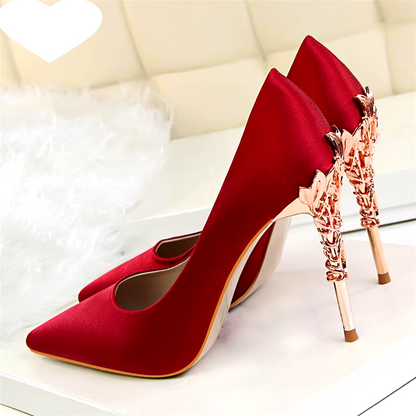 Elegant Metal Carved Heel Women Pumps Solid Silk Pointed Toe High Heels 10cm