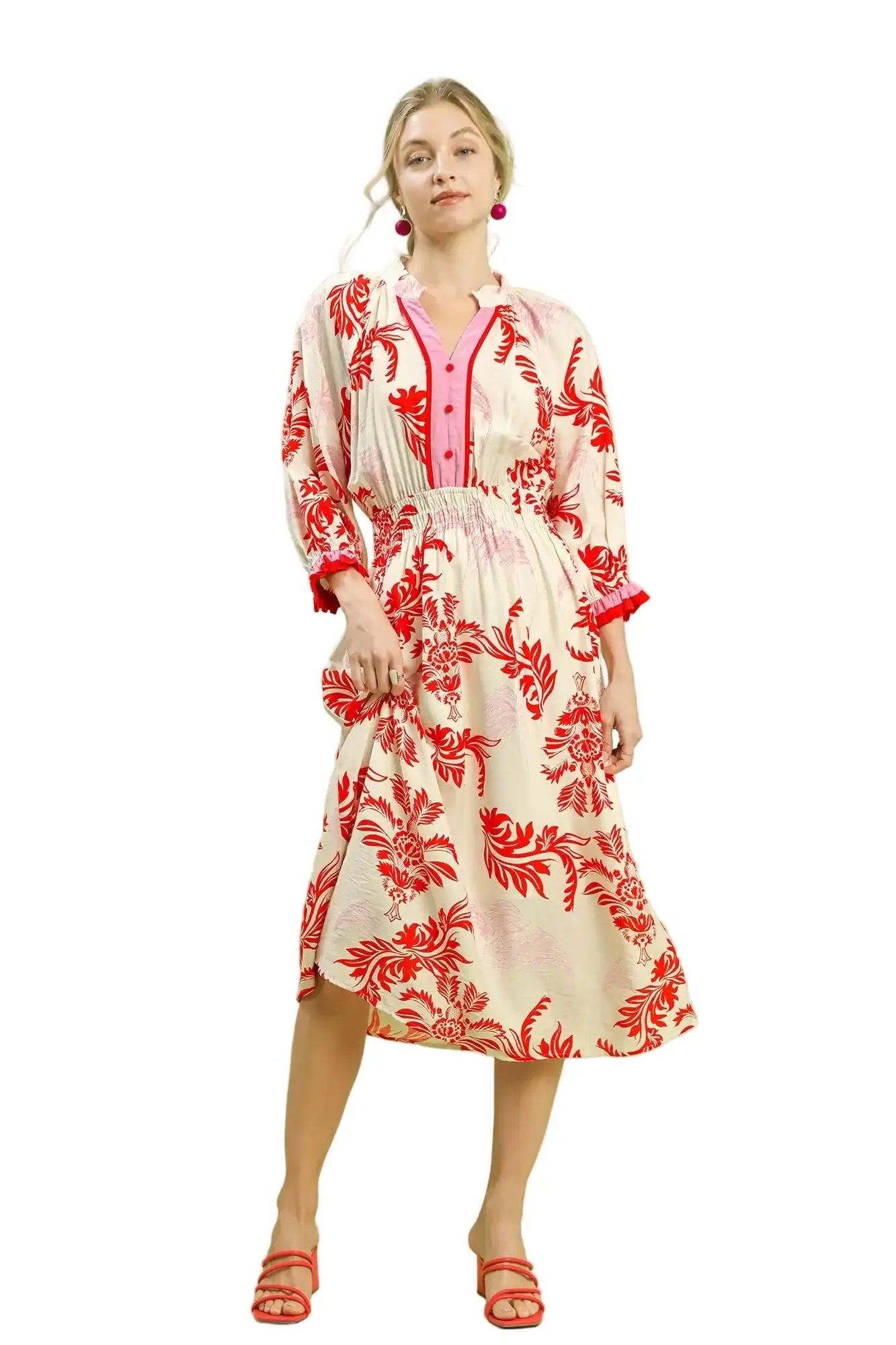 Umgee Tropical Print Button Detail Midi Dress