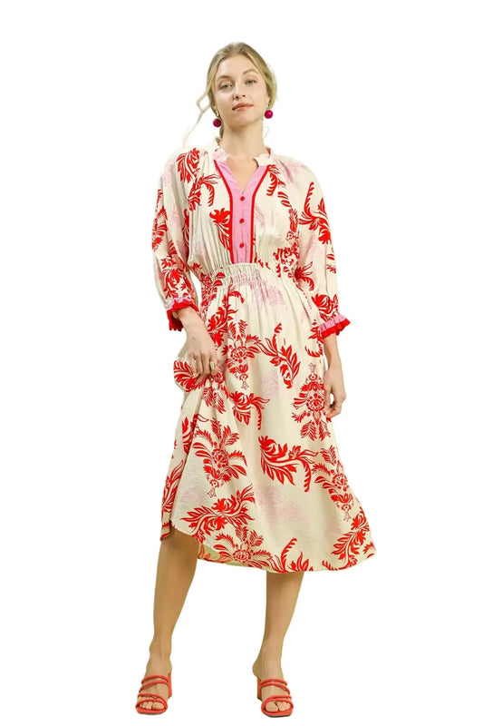 Umgee Tropical Print Button Detail Midi Dress